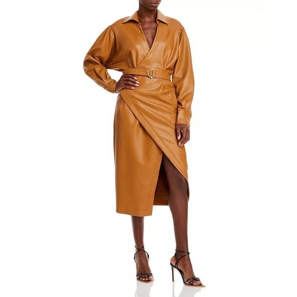 Nicholas Gayle Faux Leather Wrap Front Dress Cigar Size 0 / XS NWT